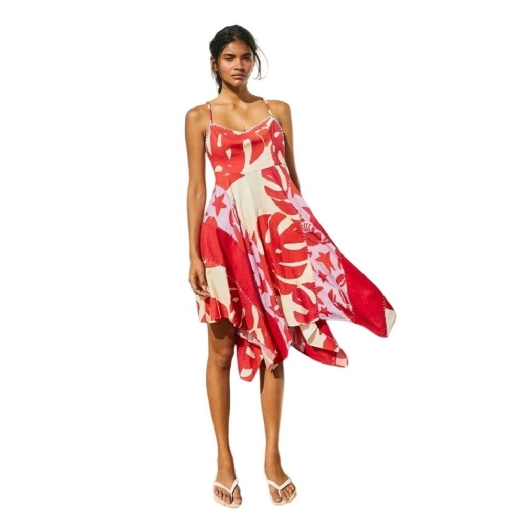Farm Rio NWT SZLGE Mixed Red Monstera Tropical Print Asymmetrical Hem Midi Dress